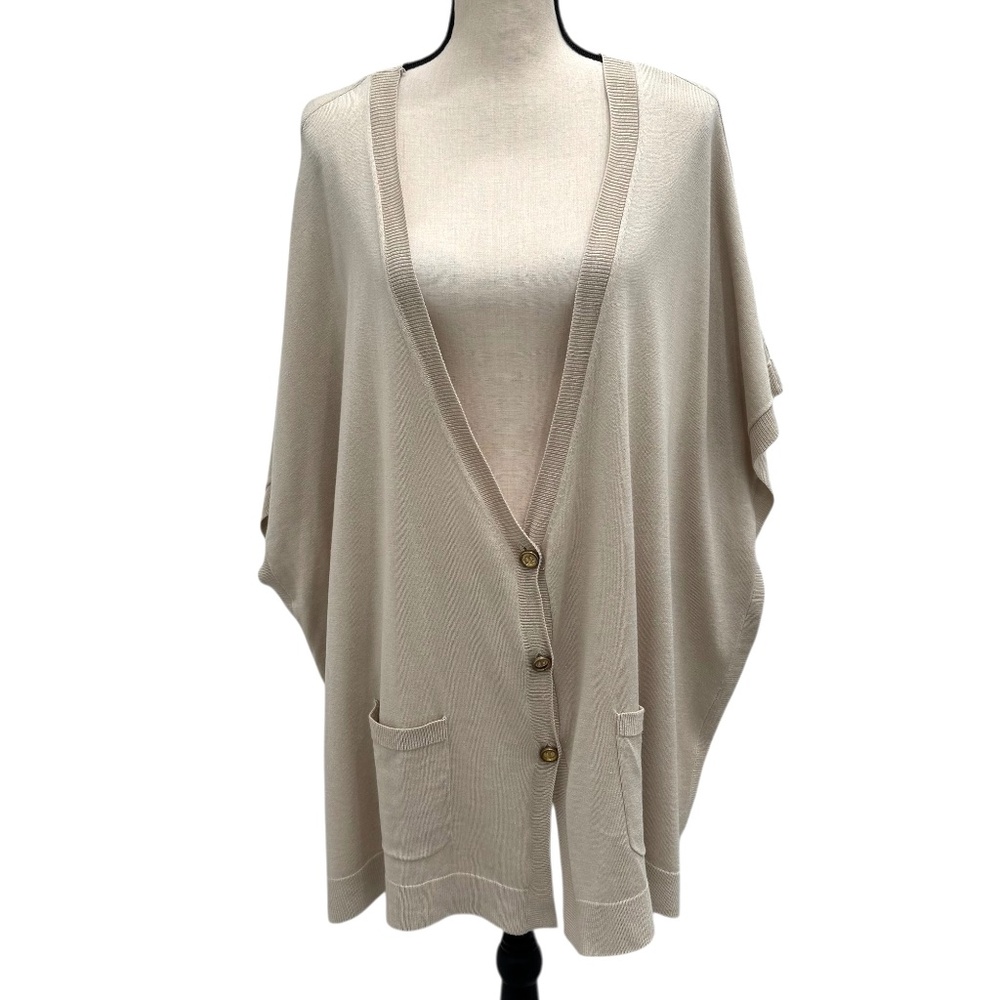HAUTE HIPPIE SILK BLEND BEIGE OVERSIZED SHORT SLEEVE BUTTON DOWN SWEATER